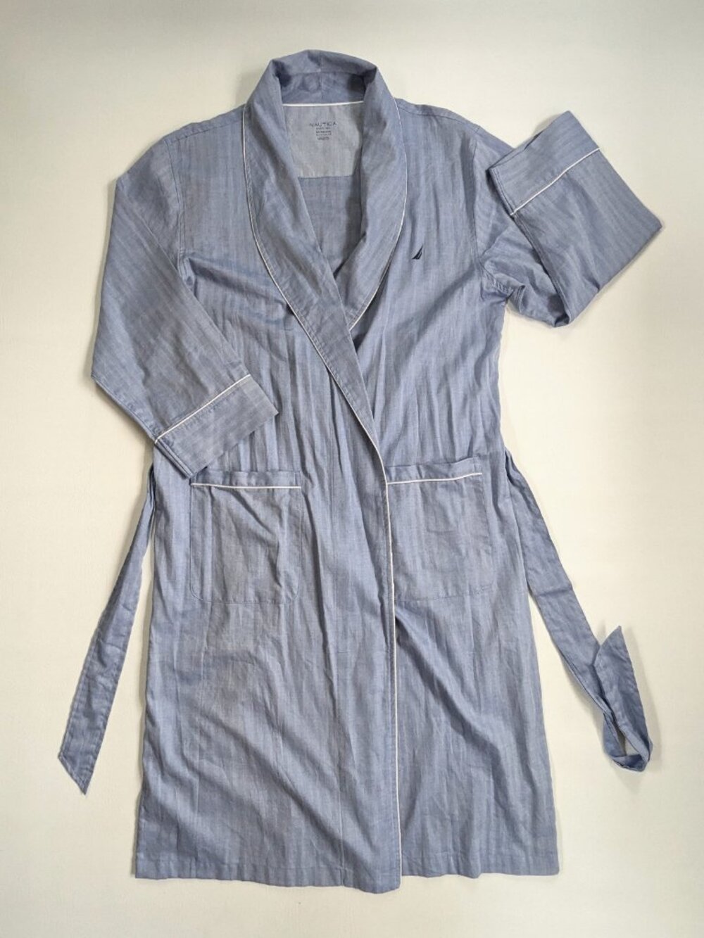 Nautica Men's Bath Robe 100% Cotton Blue Chambray Sz S/M - Picture 3 of 13